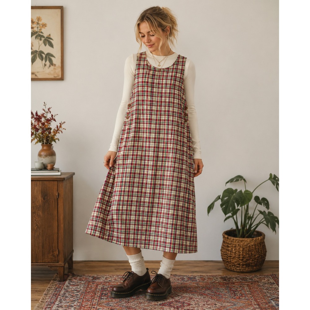 Vintage 90s Karen Scott Plaid Midi Jumper Dress M 100% Cotton Cottagecore Grunge